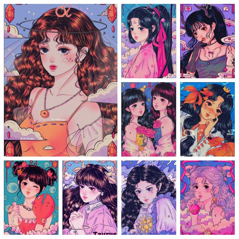 

Astrology Cartoon Girl Zodiac Sign Art Diamond Rhinestones Painting AB Drills 12 Constellations Anime Cross Stitch Home Decor