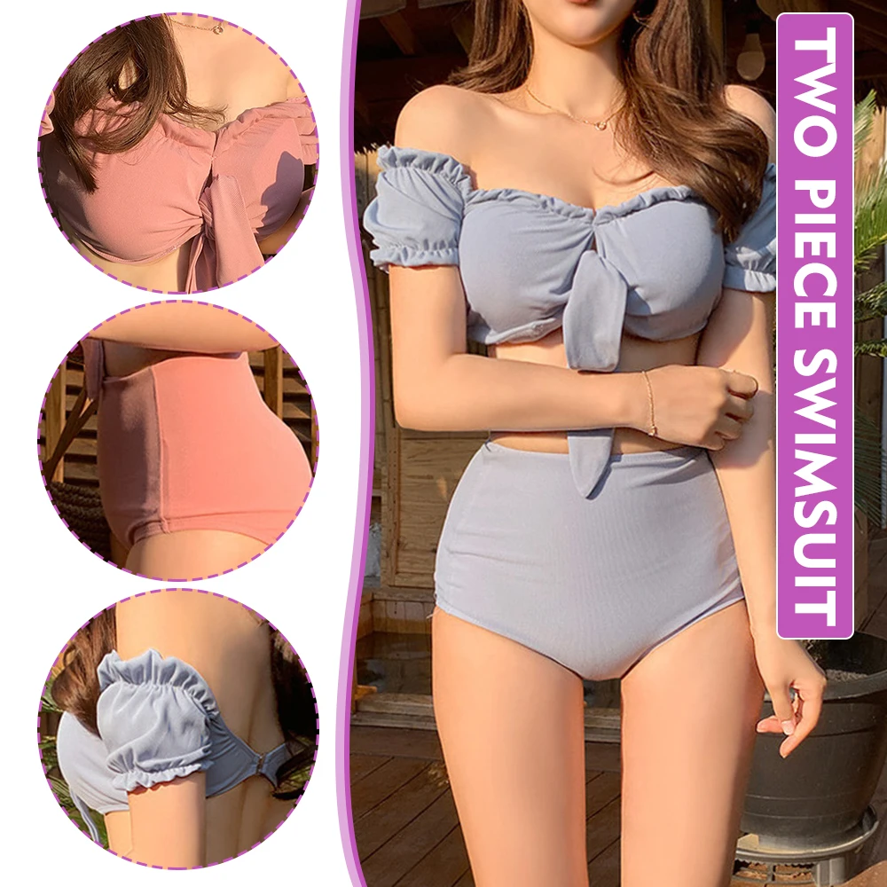 

Women's Tankini 2-Piece High Waist Swimsuit Belly-Covered Short Off Shoulder Top Ruffle Puff Sleeves Girl's Swim Wear Padded N66