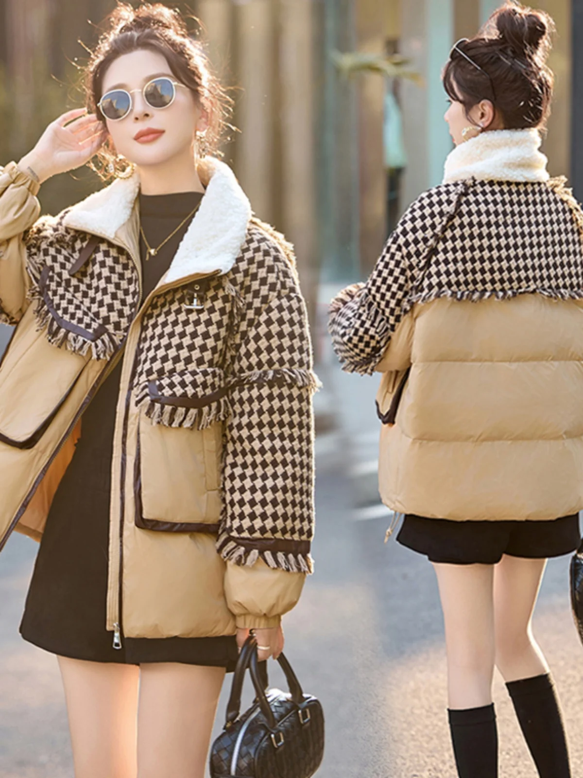 Новинка зимы 2024 пуховик Western Sle уменьшающая возраст лоскутная верхняя одежда с