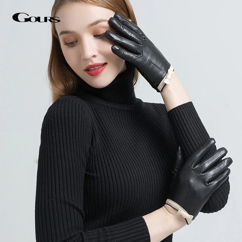 

GOURS Winter Real Leather Gloves Women Black Genuine Goatskin Gloves Fashion Soft Wool Lining Warm Driving New Arrival GSL049