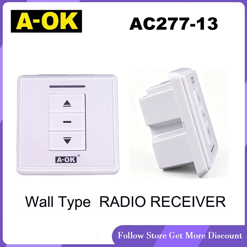 Фото Радиоприемник A-OK AC227-13 DC Route с настенным выключателем для штор и внешним приемником RF433, выход 100-240 В переменного тока, 24 В/12 В. №1