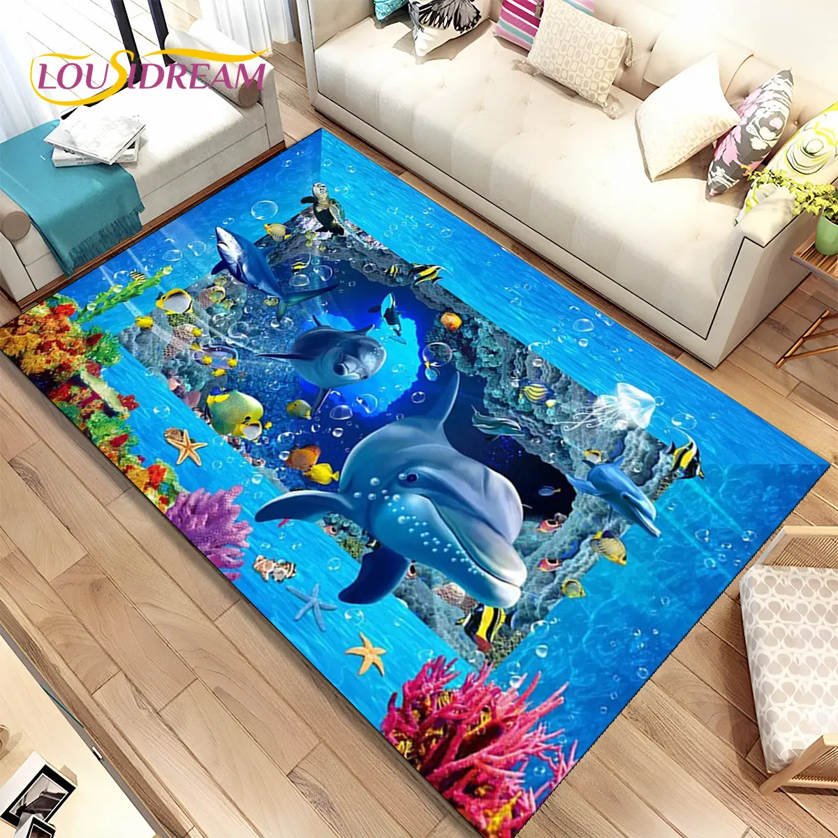 

3D Illusion Seabed Underwater World Dolphin Shark Area Rug,Carpet Rug for Living Room Bedroom Sofa Doormat,Non-slip Floor Mat