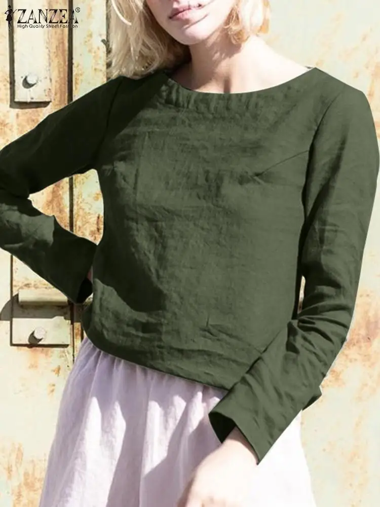 

Модная Осенняя блузка ZANZEA с длинным рукавом, женские повседневные хлопковые топы, винтажная однотонная Свободная рубашка, Женская свободна...
