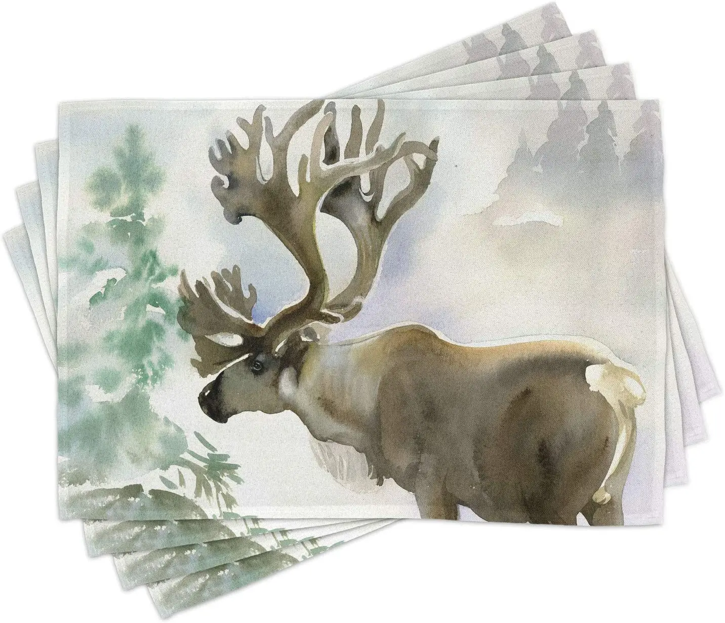 

Place Mats Set of 4 Moose In Winter Forest Wildlife Reindeer Christmas Theme Watercolor Painting Style Washable Fabric Placemat