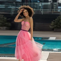fashion hot pink tulle prom dress 2022 new strapless and black belt backless a line tea length party gown robes de soir%c3%a9e