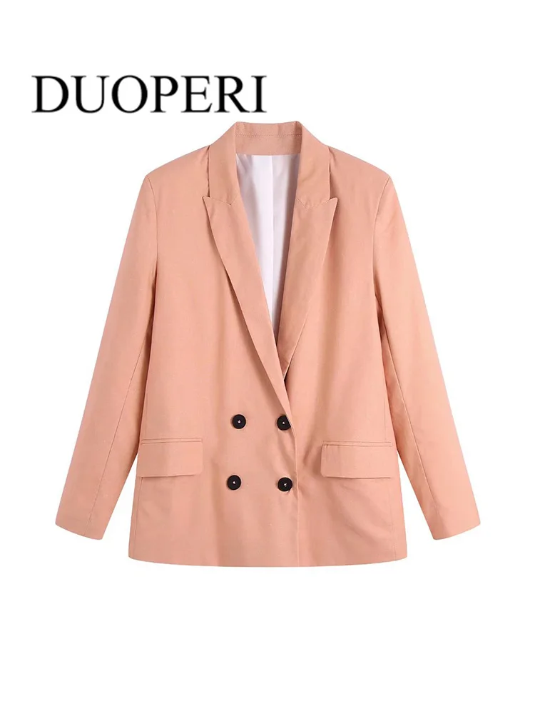 

DUOPERI Women Fashion Officewear Blazer Jacket Vintage Double Breasted Long Sleeve Female Outwear Outfits Mujer