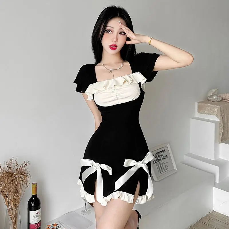 

Sweet Lolita Bow Lace up Slim Fit Dress Slim Square Collar Lotus Leaf Skirt