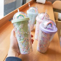 550ml creative bpa free colorful bead plastic water cup straw bottle drinking cup rainbow