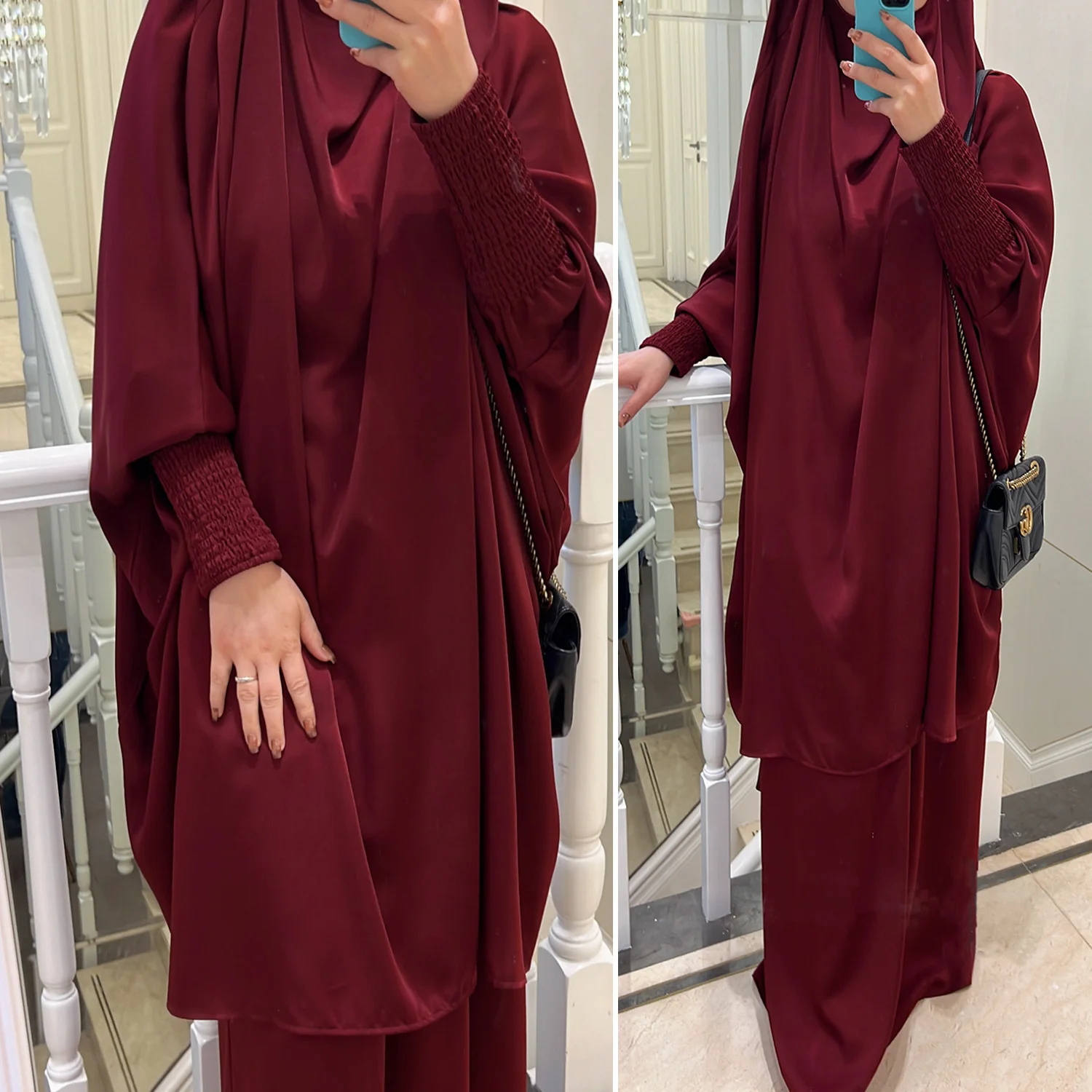 Muslim Satin Abaya For Women Skirt Jilbab 2 Two Piece Set Hooded Abayas Ramadan Eid Prayer Garment Dubai Turkey Islamic Clothing