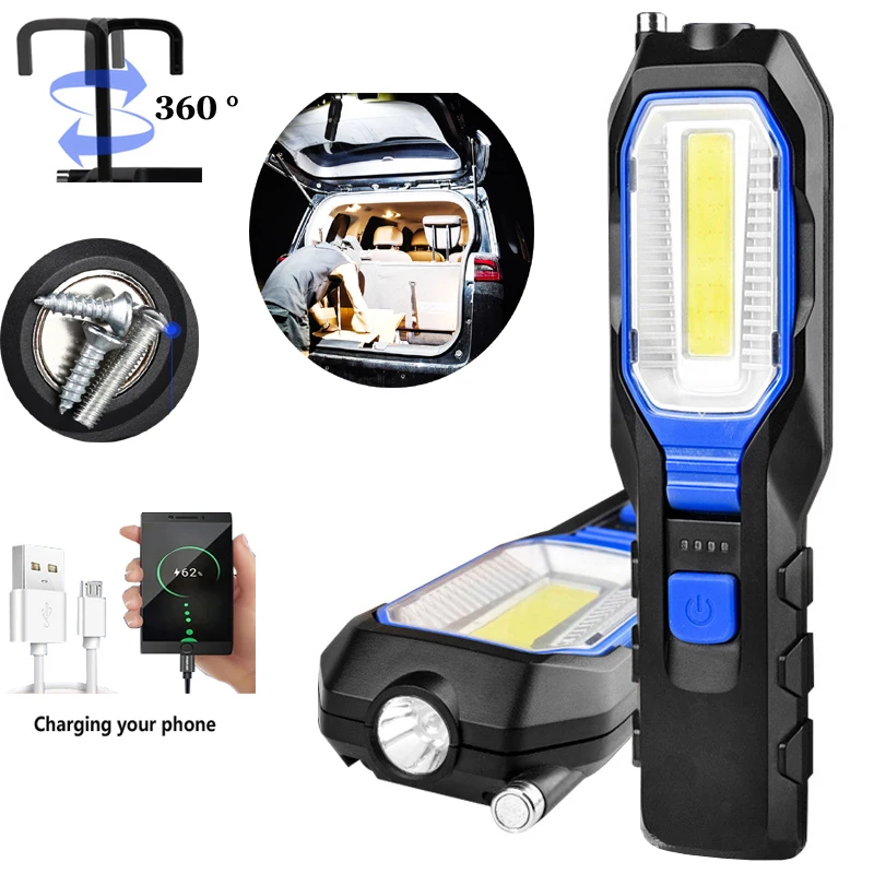 

Rechargeable Light With Car Emergency Camping Flashlight Outdoor Torch Repair Lamp Magnet Hook Portable Waterproof
