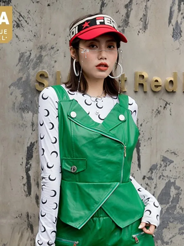 

Sleeveless Fashion Sling Women Sheepskin Vest Slim Fit Motorcycle Biker Genuine Leather Jacket Suspenders Waistcoat Outwear Vest