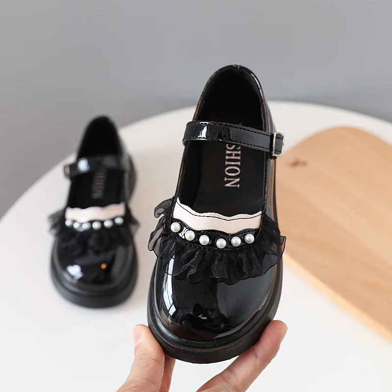 

Girls' Leather Shoes New Spring Autumn Pearl Lace Children Shoes Performance Fashion All-match Flats Princess Shoes G720