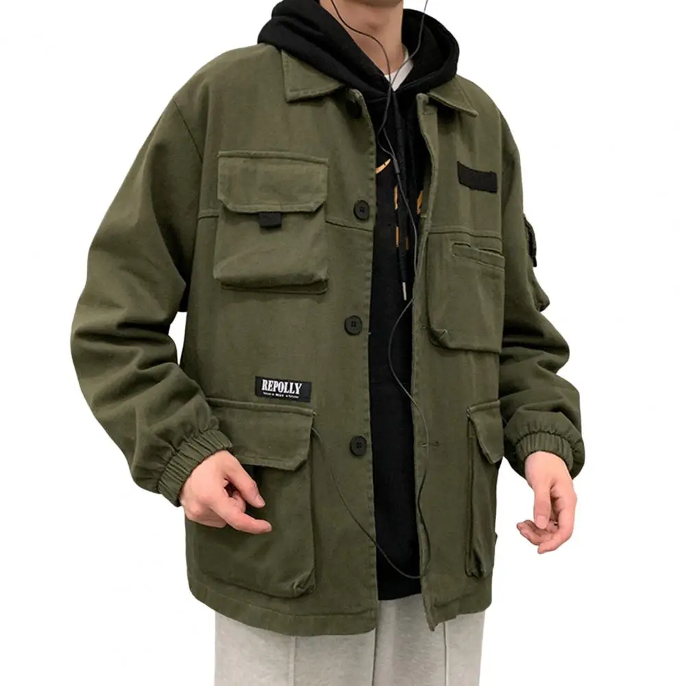 

Men Cargo Coat Multi Pockets Loose Turndown Collar Streetwear Autumn Winter Elastic Cuff Single Breasted Overalls Top
