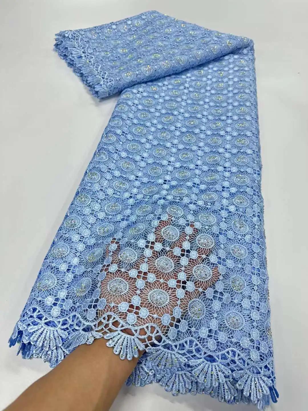 Белая африканская гипюровая кружевная ткань с блестками 2024 Высококачественная