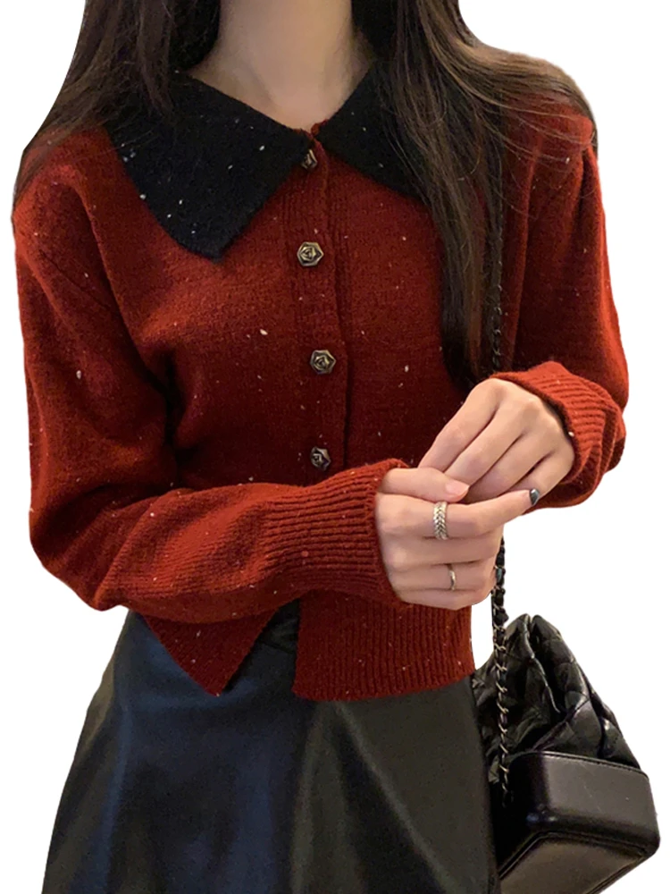 Красный свитер с воротником-поло женский осенне-зимний свободный утягивающий