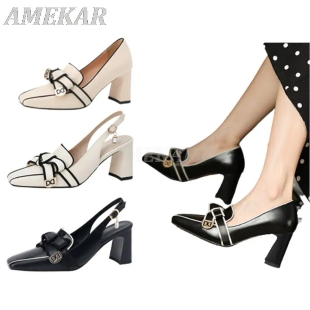 

Women's French Retro High-heel Shoes Wraparound Ankle Strap Metal Buckle Sandal Lady Thick Heel Square Toe Back Empty Shoe Trend