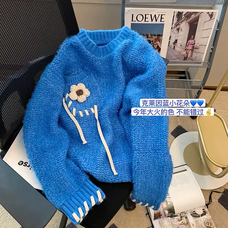 

Женский трикотажный пуловер с круглым вырезом, Голубой Свитер оверсайз с длинным рукавом и цветочным принтом, свободный джемпер в Корейско...