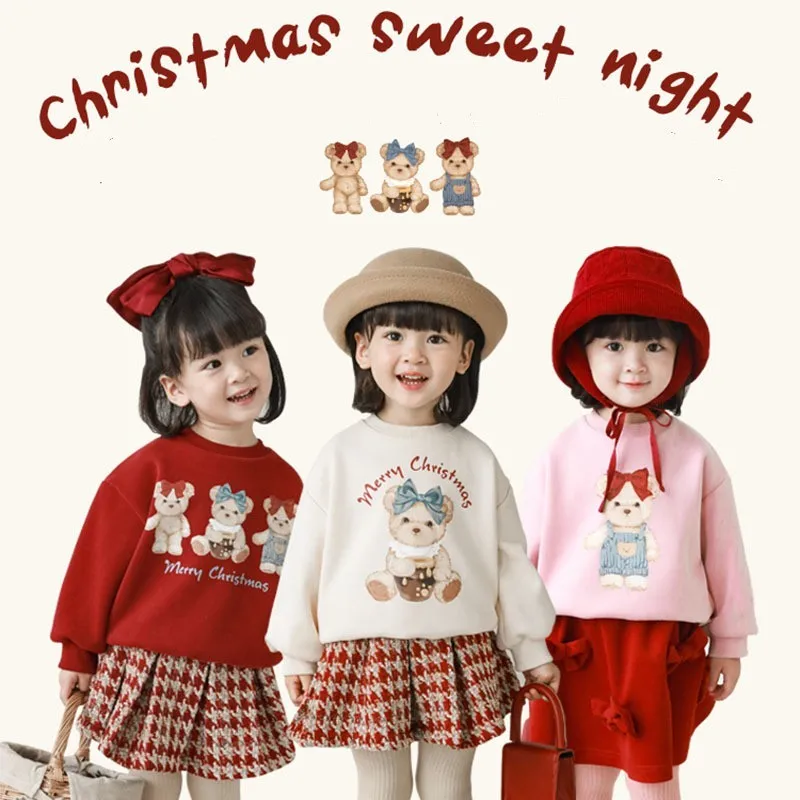 

3 Color Bear Cartoon Print Thick Sweatshirt For Kids Baby Girl Boy Fashion Korean Version Hoody Children Toddler Plush Tops 2-7t