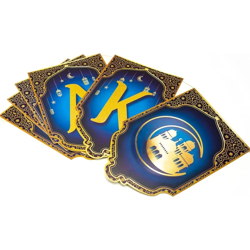 Блестящий Синий Золотой Рамадан баннер с звездой полумесяцем фонариком флагом