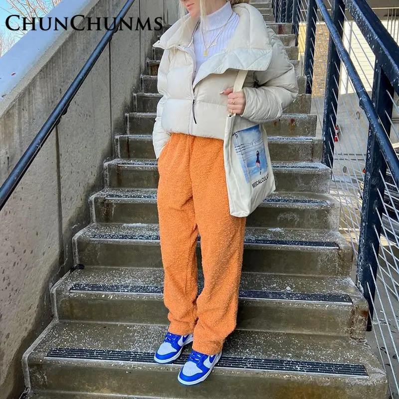 

Teddy Velvet Straight Pant For Women Winter Warm Wide Leg Trouser Casual Street Y2K Outfit Sport Loose Bottom Oversize Sweatpant