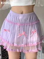 iamsure sweet cute mesh a line skirt withe skirt see through bow ruffles mid waisted mini skirts women 2022 summer spring girls