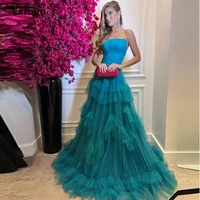 verngo blue tiered tulle evening party dresses women elegant strapless long prom gowns formal occasion robe de soir%c3%a9e femme