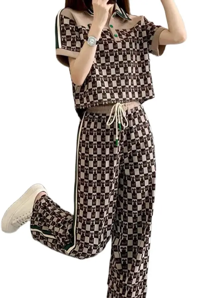 

Casual Sports Knitted Suit Lapel Knitted Sweater + Wide Leg Trousers Two-Piece Set 2022 Summer New Fashion Women'S Clothing