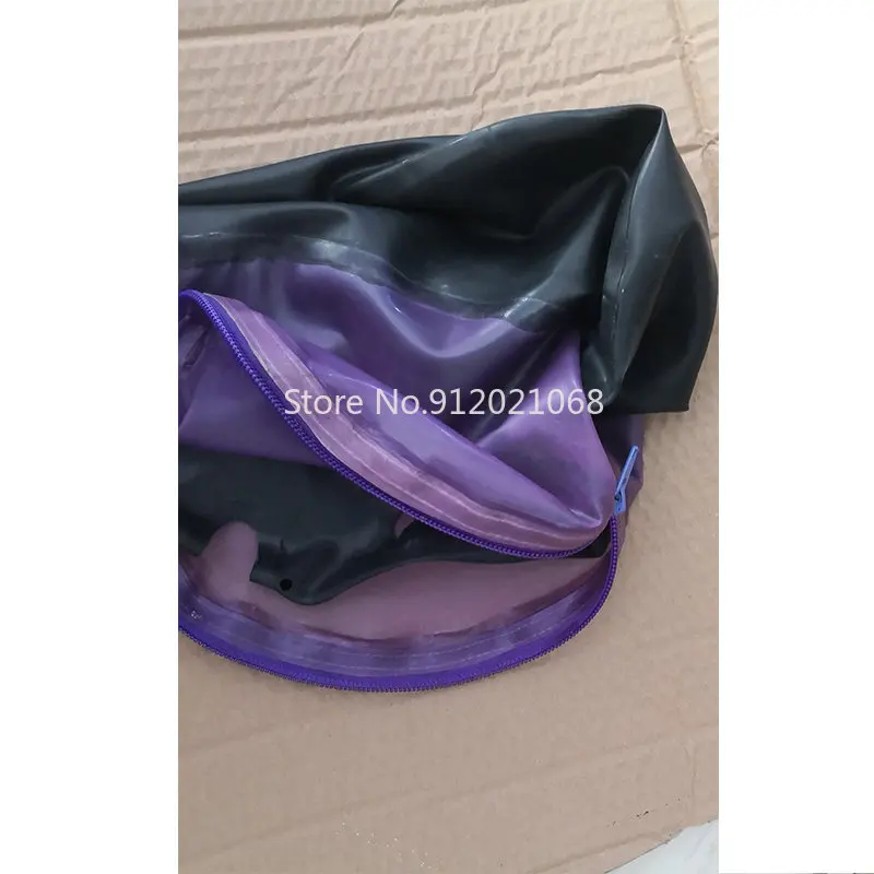 

Latex Hood Rubber Mask Black Transparent Purple Front Back Zipper for Girl Handmade Halloween Cosplay Costumes for Women Men