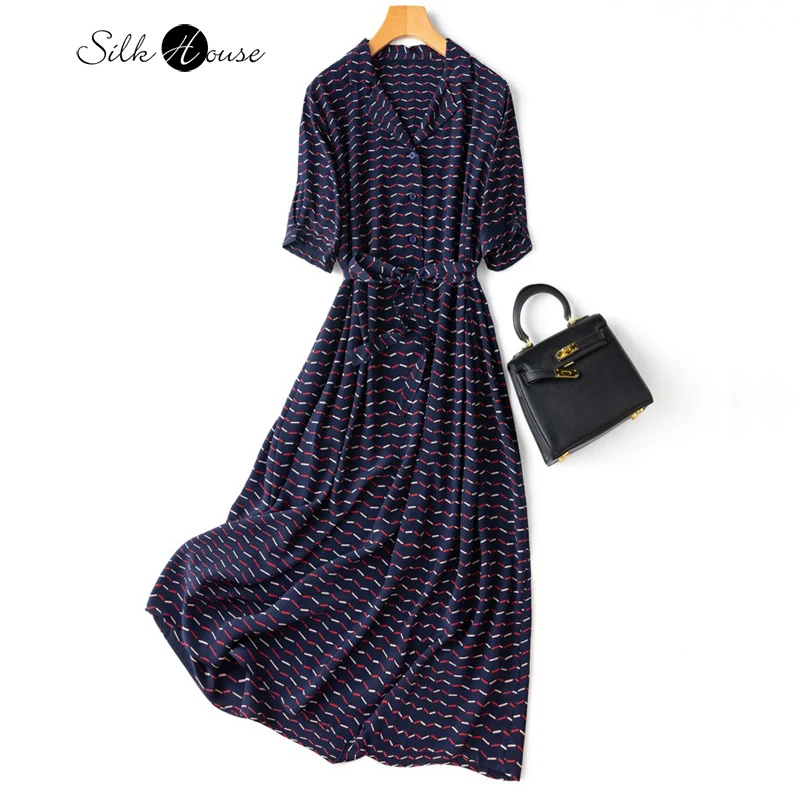 

Natural mulberry silk crepe de Chine summer New female print sexy fashion dress Navy pop suit Lapel V-neck women Dress for party