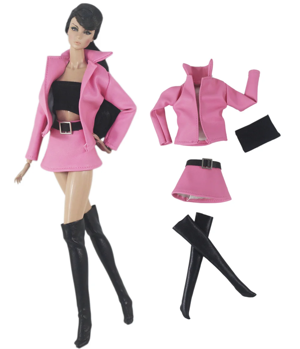 

Комплект одежды горячего розового цвета/кожаный пиджак + топ + юбка + ботинки/кукольная одежда, наряд для 30 см куклы Xinyi FR2 Барби ST
