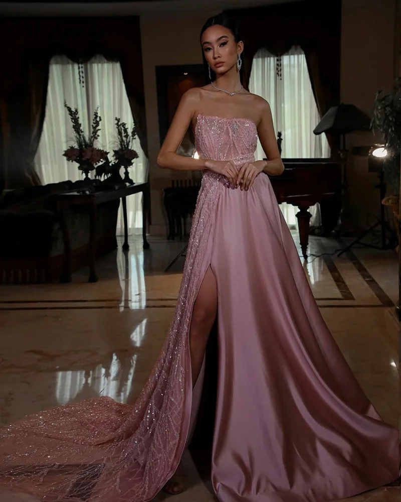 

Pink Sequins Evening Dress Strapless A Line Prom Dresses Pleats Side Split Saudi Arabia Formal Party Gowns Robe De Soiree