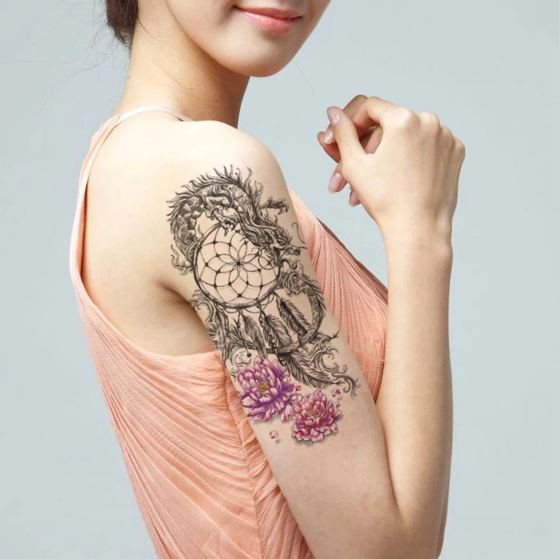 

Dream Catcher Dragon Waterproof Temporary Tattoo Stickers Feather Pink Flowers Fake Tattoos Flash Tatoos Arm Body Art Women Men