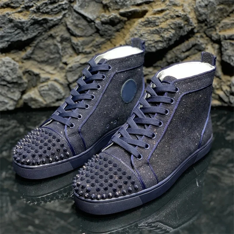

Fashions Luxury Blue Mesh Front Leather Rivets Red Bottoms High Top Shoes For Men's Flats Loafers Women's Casual Spikes Sneakers