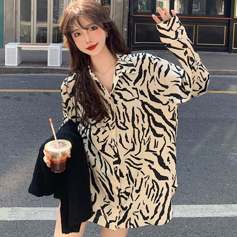 

Autumn Zebra Pattern Blouse Women's Outer Wear Loose Fashion All-match Long-sleeved Chiffon Shirt