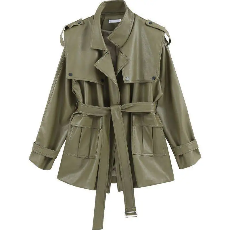 Spring Women's Leather Coat Women's 2022 Design Sense Lace-up Waist Loose Coat Light Green Basic Leather Clothes for Lady