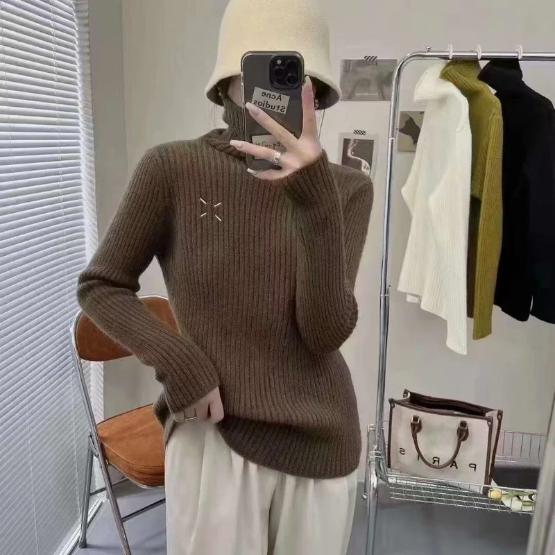 

Sweater Pullover High Neck Design Cuff Labeling Casual Knitwear Women Autumn and Winter Solid Underlay Pullover Sweater Women