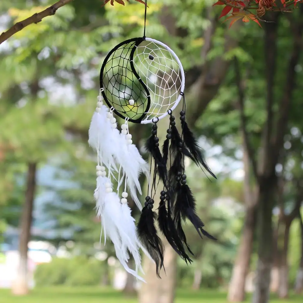 

Dream Catcher Black White Feather Wooden Beads Chinese Tai Chi Dream Catcher Car Decoration
