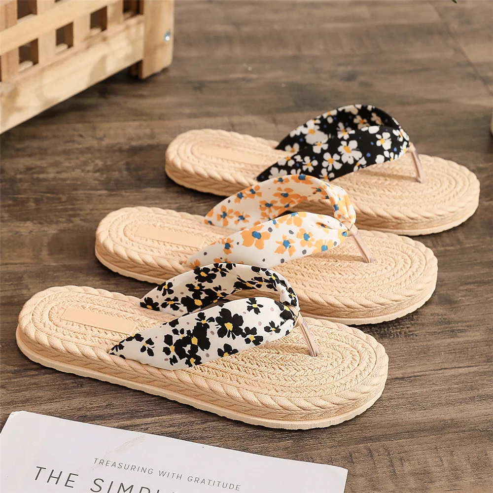 

2022 Imitation Straw Espadrille Small Daisy Cloth With Women'S Flip-Flops Outside Wear Flat-Heeled Flip-Flops