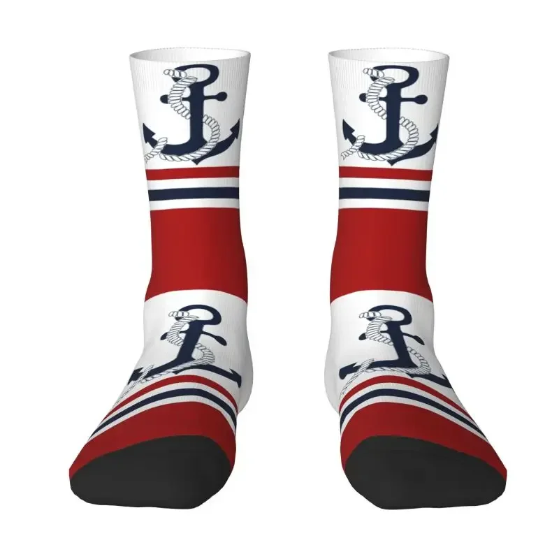 

Nautical Blue Anchors With Stripes Dress Socks for Men Women Warm Fashion Novelty Sailing Sailor Crew Socks