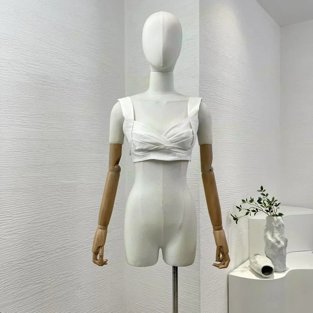 Льняной 2024 женская элегантная универсальная одежда белый жилет без рукавов с