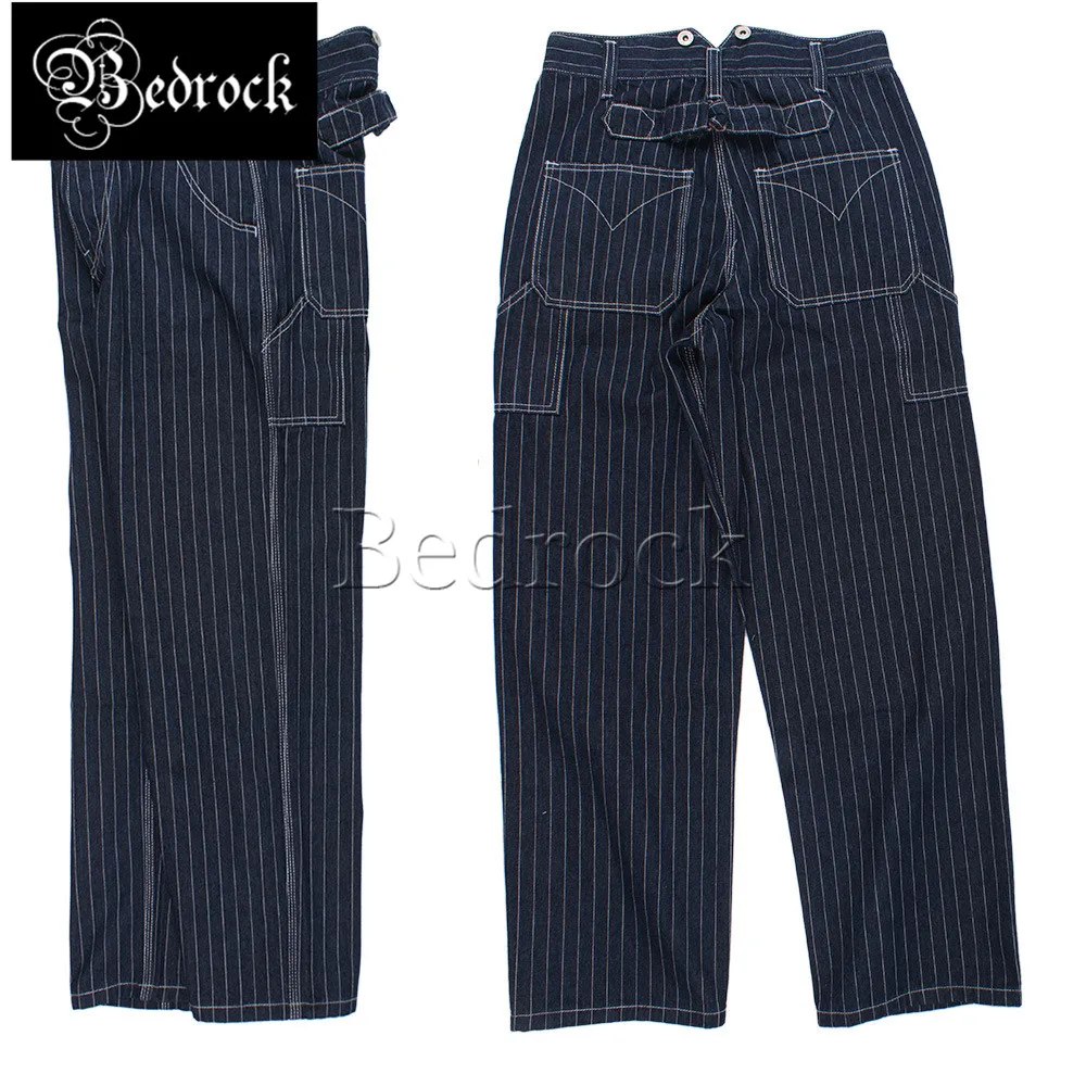 13.5oz men's blue wide-leg striped jeans button fly Loose rail suspenders cargo pants Amekaji Paris buckle denim biker overalls