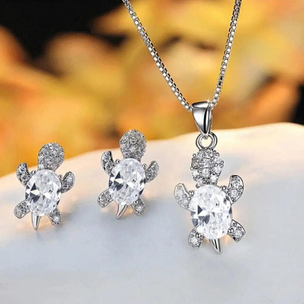 

Earrings Necklace Turtle Pendant Lady Rhinestone Cubic Zirconia Earrings Necklace Skin-friendly Women Necklace Set for Party