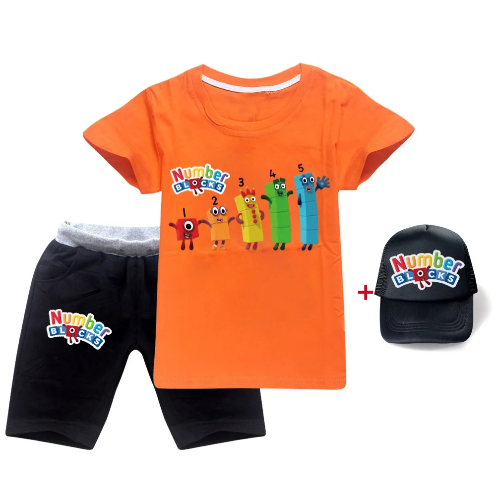 New Summer Toddler Girls Number Blocks Clothes 2pcs Outfits Kids Clothes Girl Tracksuit Suit For boys Children Clothing Sets+cap