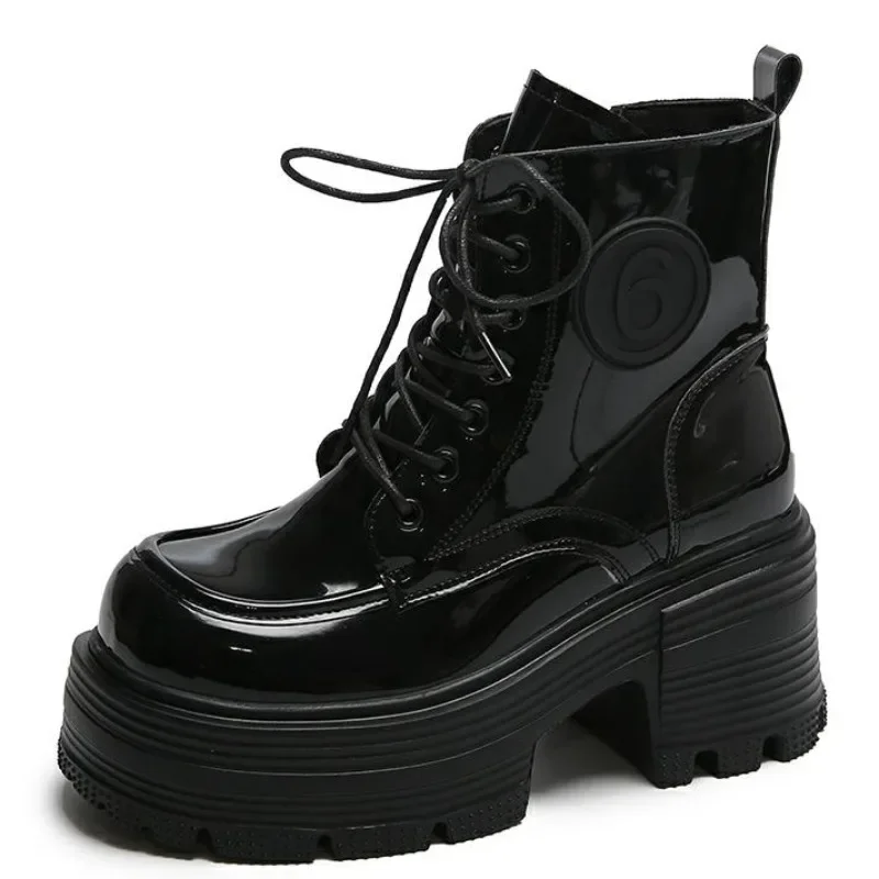Новые женские осенние ботильоны 8 см мотоциклетные ботинки на высокой платформе