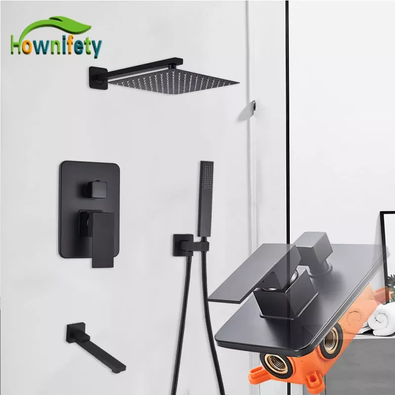 

Matte Black Bathroom Shower Set Faucet With Orange Box Rain Waterfall Concealed Shower System Wall Mount Bathtub Shower Mixer