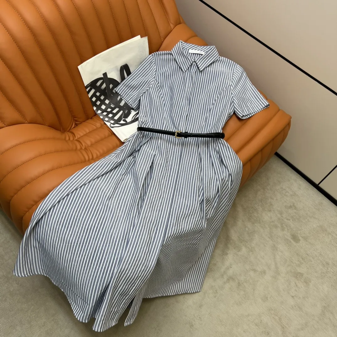 

Женское платье с отложным воротником, платье в Вертикальную Полоску с коротким рукавом и поясом, весна-лето 2022