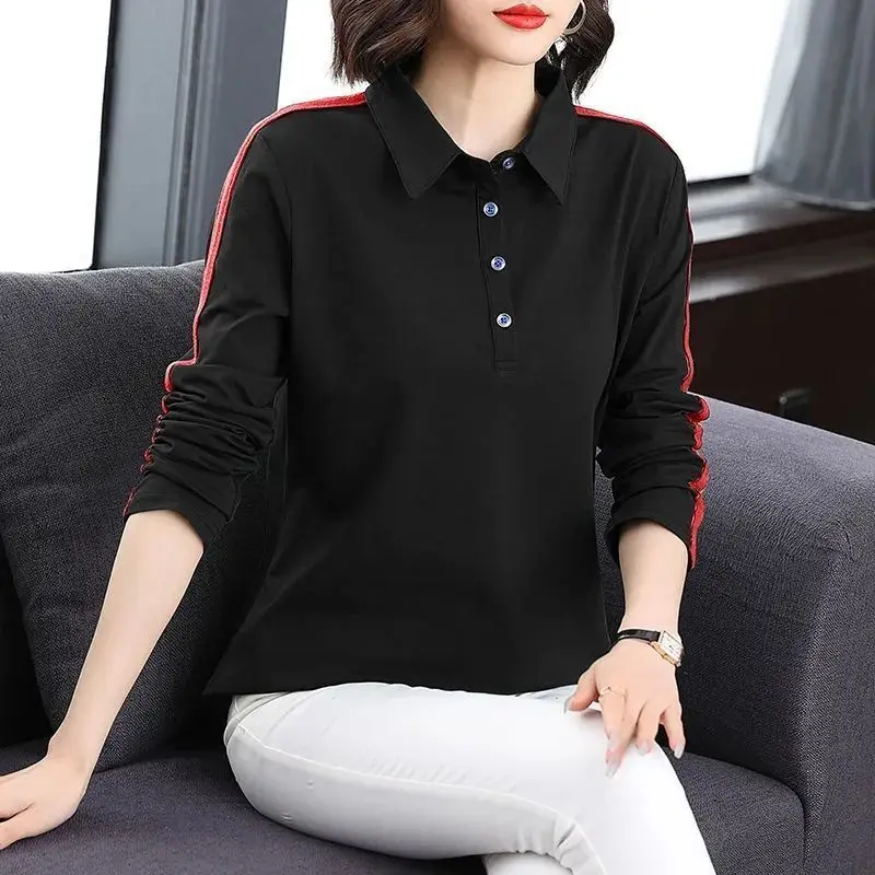 

Spring and Autumn Pure Cotton Polo Collar Bottom Long Sleeve T-shirt Women's Casual Style High Street Commuter Pullover Tops
