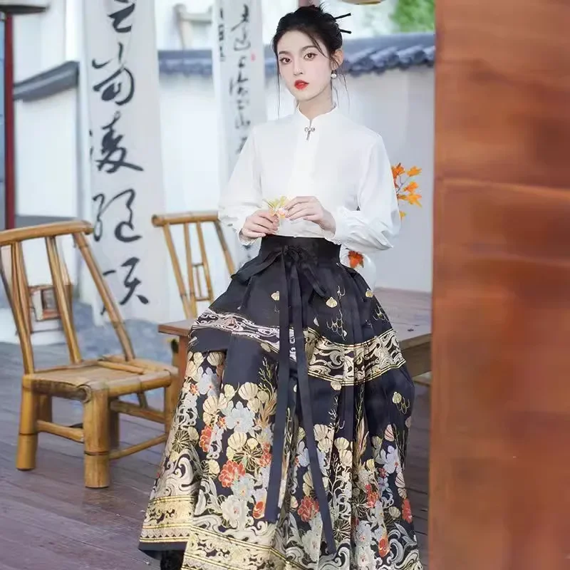 Женский костюм с юбкой в китайском стиле Hanfu однотонная белая рубашка