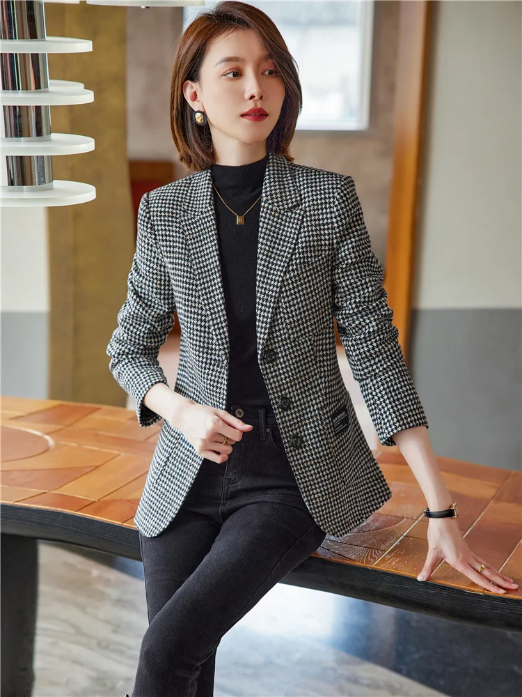 Women Vintage Plaid Blazer Elegant Office Houndstooth Suit Coat Woolen Jacket Female Outerwear Chic Slim Tops