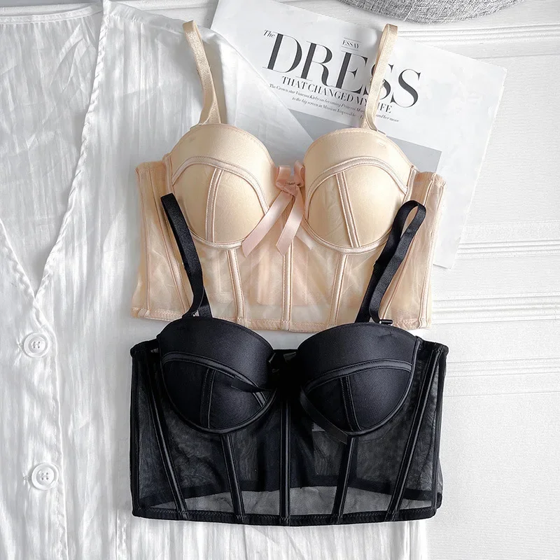 Фото Sexy Thin Lace Bras for Women Hot Girl Mesh Transparent Shaper Lingerie Bralette Night Club Vintage CropTop Sweet Bra Underwear №4